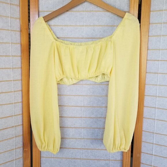 KOURT Revolve Enza Yellow Off Shoulder Puff Long Sleeve Crop Top Small - Picture 6 of 8